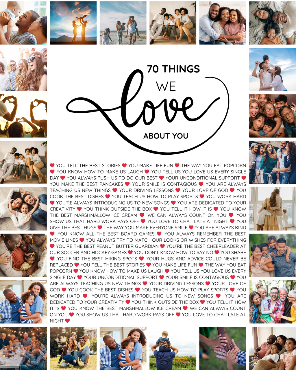 70 choses que nous aimons chez vous – Modèle Canva imprimable | Cadeau personnalisé pour un 70e anniversaire