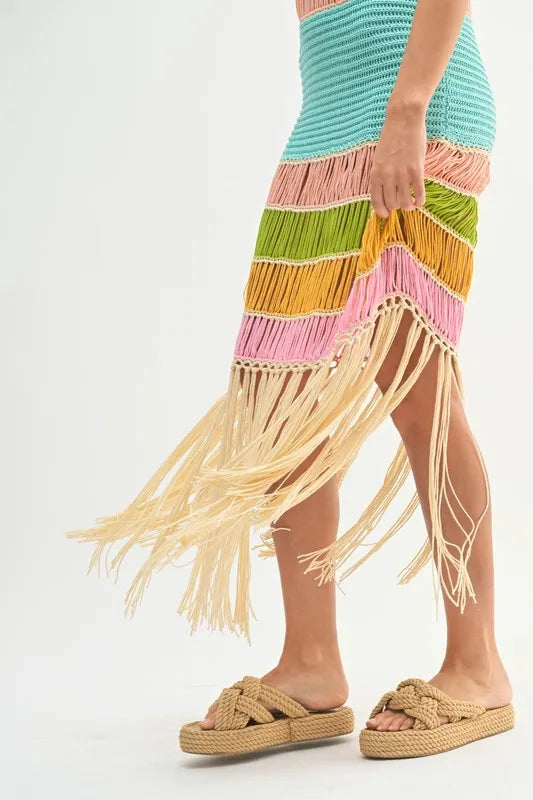 Robe Femme Tricotée au Crochet Franges Multicolores – Robe Tricotée au Crochet, Robe à Franges, Robe Multicolore, Robe Tricotée Bohème, Robe de Festival