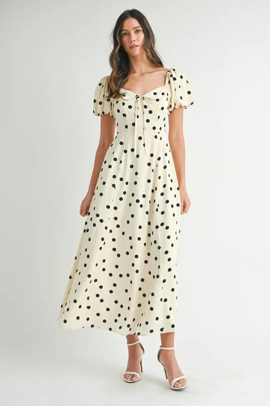 Robe mi-longue à pois et manches bouffantes pour femmes – Robe vintage à pois et volants, Robe féminine à manches bouffantes, Robe mi-longue rétro, Robe chic classique