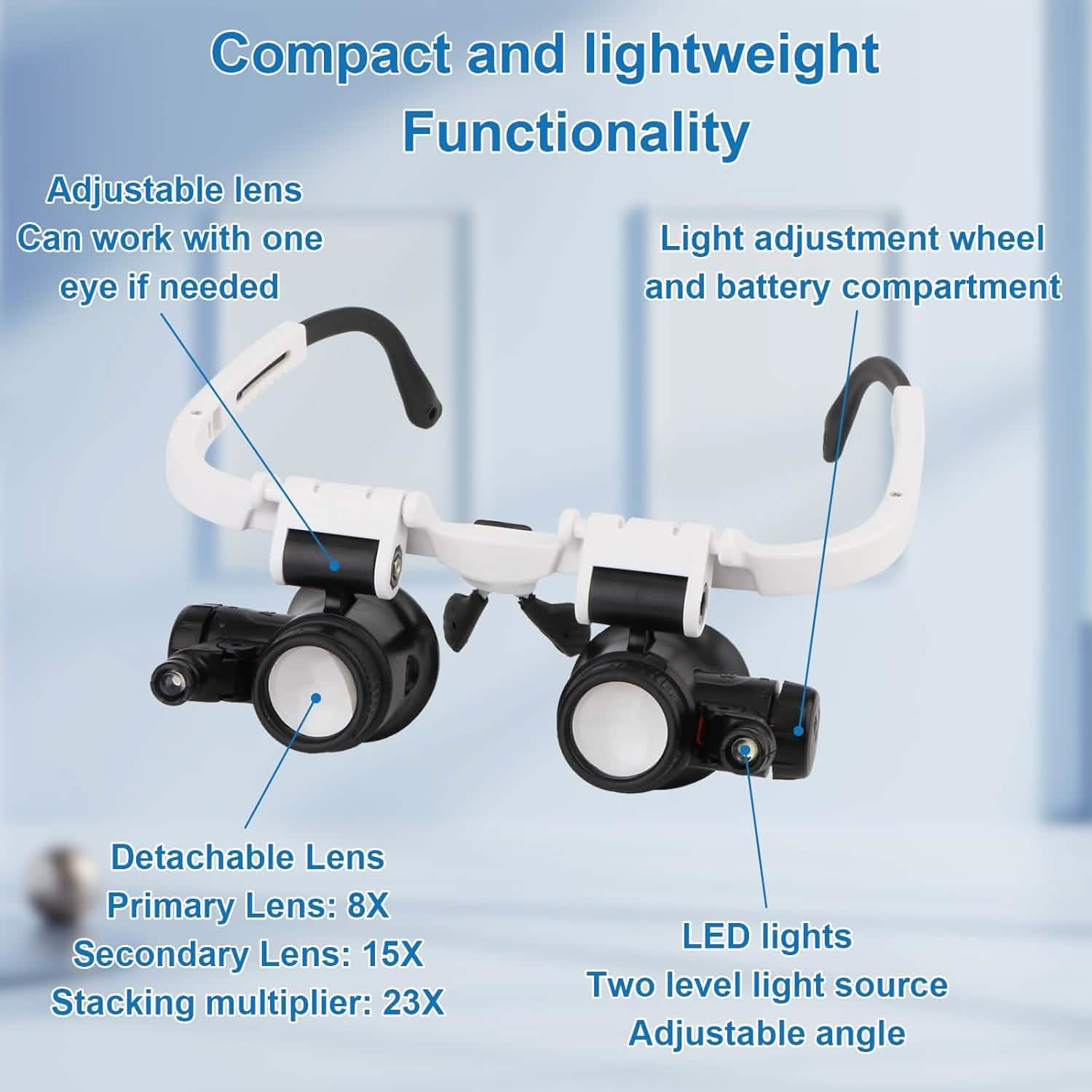 Loupe frontale à 2 LED – 8x/15x/23x avec éclairage de réparation