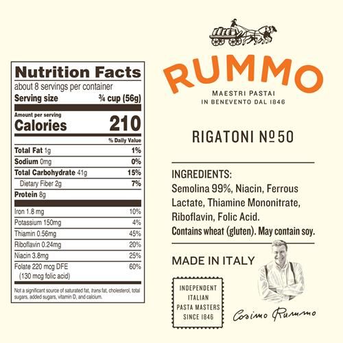 Pâtes Rigatoni N.50 Rummo - Pâtes Rigatoni, Pâtes Italiennes en Tube, Pâtes Tréfilées au Bronze, Pâtes Sèches, Pâtes de Blé Dur - 340g (Paquet de 1)