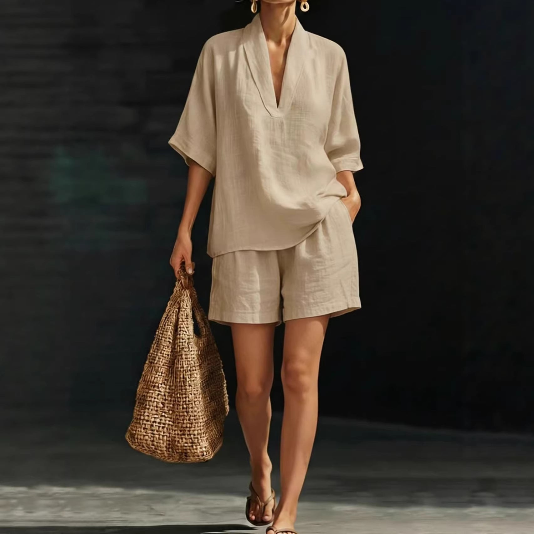 Ensemble deux pièces ample à manches chauve-souris pour femme – Tenue décontractée d'été pour la plage