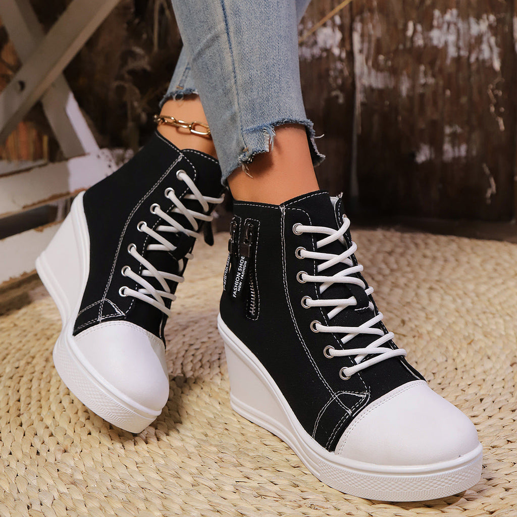 Baskets compensées en toile à lacets pour femmes