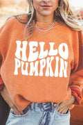Sweat-shirt côtelé à motif lettre « HELLO PUMPKIN » orange