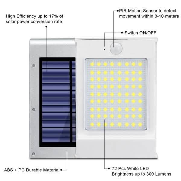 72 Lampes solaires à détecteur de mouvement LED Lumière murale solaire