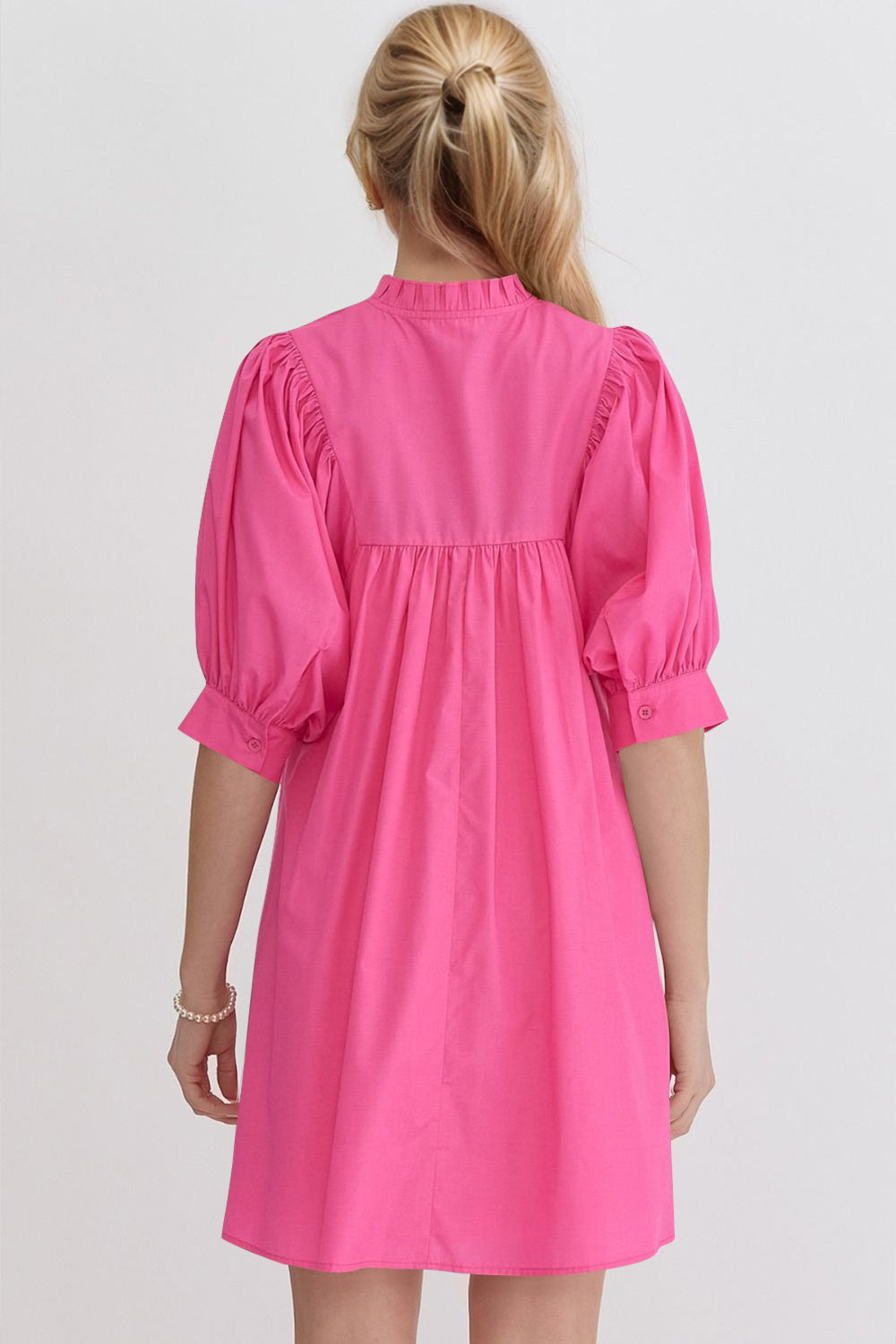 Mini-robe rose à manches bouffantes Robe décontractée et féminine pour femme Robe d'été simple et classique