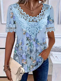 Haut grande taille à imprimé floral et dentelle – Blouse élégante à col en V et manches courtes pour femmes