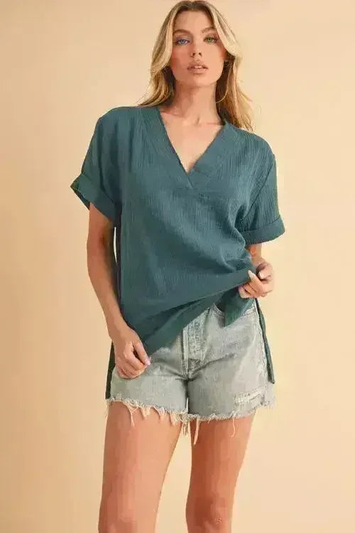 Blouse fendue à encolure en V - Haut chic 100 % coton | Femstylo