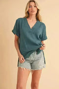 Blouse fendue à encolure en V - Haut chic 100 % coton | Femstylo