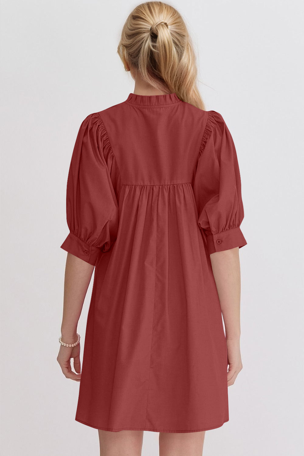 Mini-robe rose à manches bouffantes Robe décontractée et féminine pour femme Robe d'été simple et classique