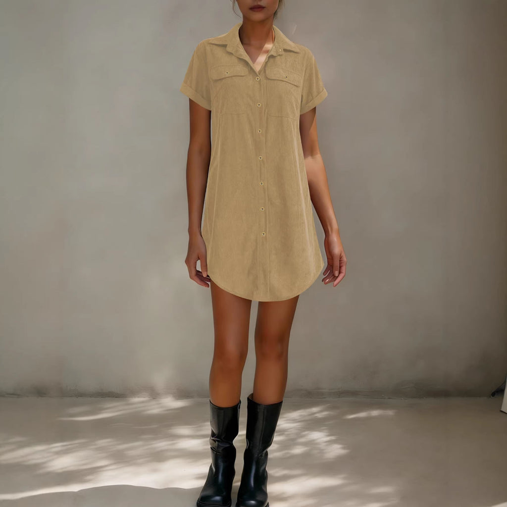 Robe chemise en velours côtelé décontractée rétro à manches courtes pour femme