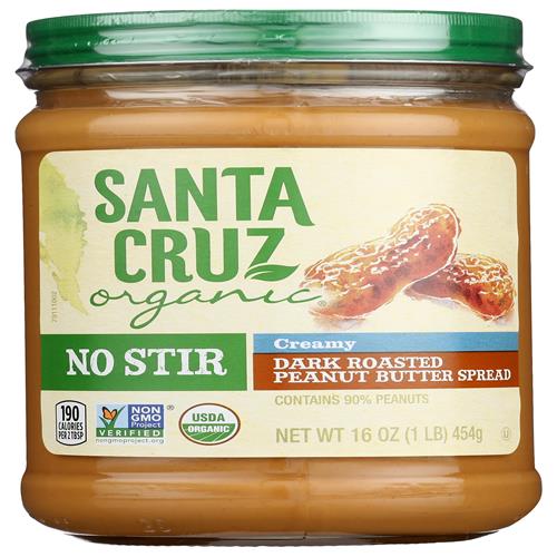 Santa Cruz Organic Beurre de cacahuètes crémeux torréfié foncé bio sans remuer, 453 g