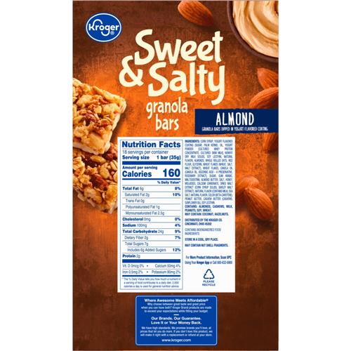 Barres granola aux amandes sucrées et salées Kroger, 18 unités