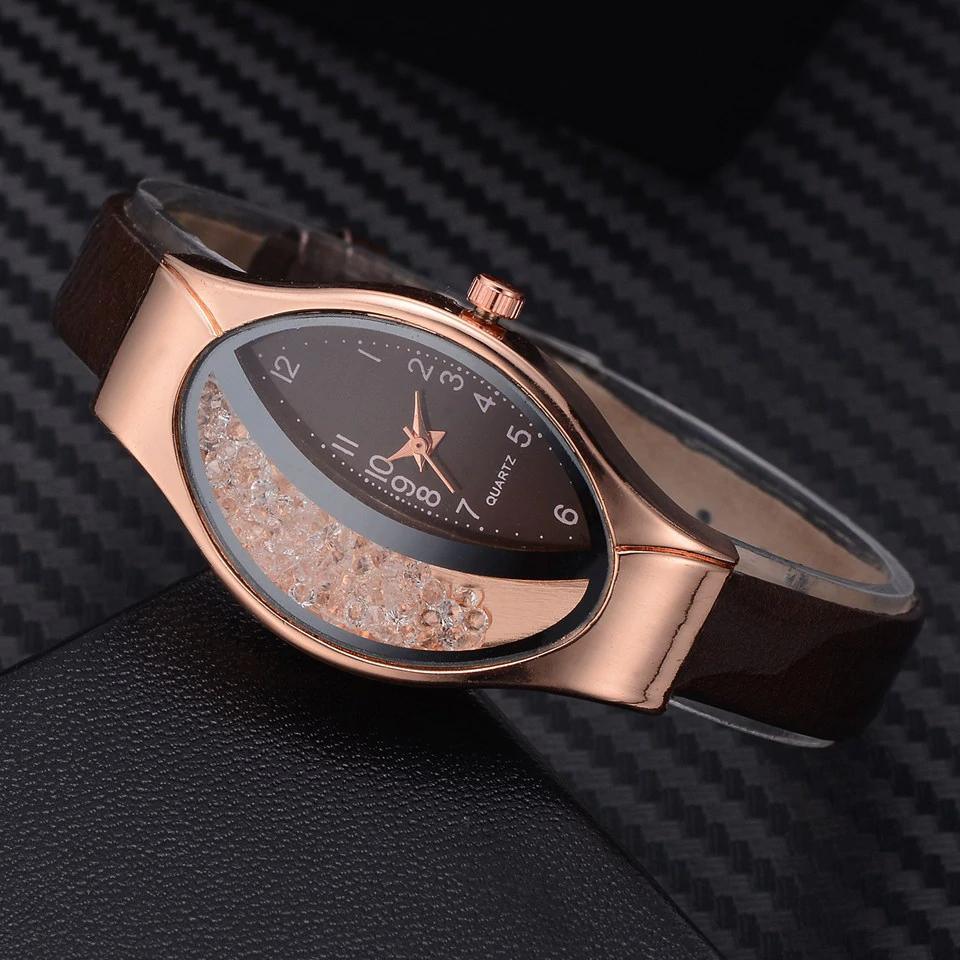 Montre de luxe Ellipse en PU à bracelet en cuir pour femmes, montre-bracelet à quartz sport en strass pour femmes et jeunes filles