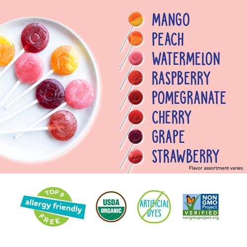 Yumearth Sucettes Biologiques Assorties, 40 Sucettes aux Saveurs de Fruits Préférées, hypoallergéniques, Sans Gluten, Sans OGM, Véganes, Sans Arômes ni Colorants Artificiels