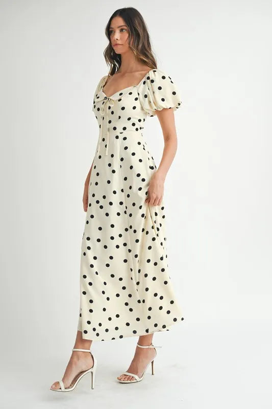 Robe mi-longue à pois et manches bouffantes pour femmes – Robe vintage à pois et volants, Robe féminine à manches bouffantes, Robe mi-longue rétro, Robe chic classique