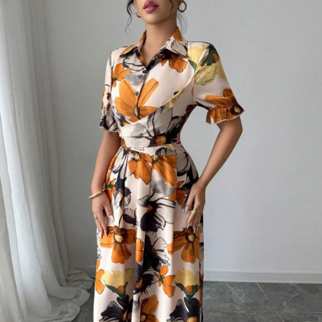 Robe pour femme à manches bouffantes imprimées – Col chemisier et taille nouée croisée