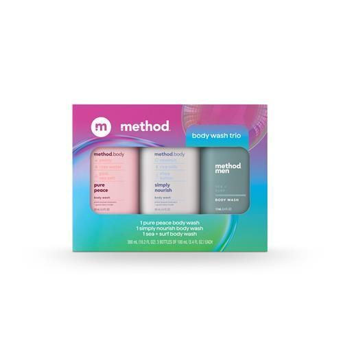 Coffret cadeau de gels douche Method, Pure Peace, Simply Nourish et Sea + Surf, flacons format voyage de 100 ml