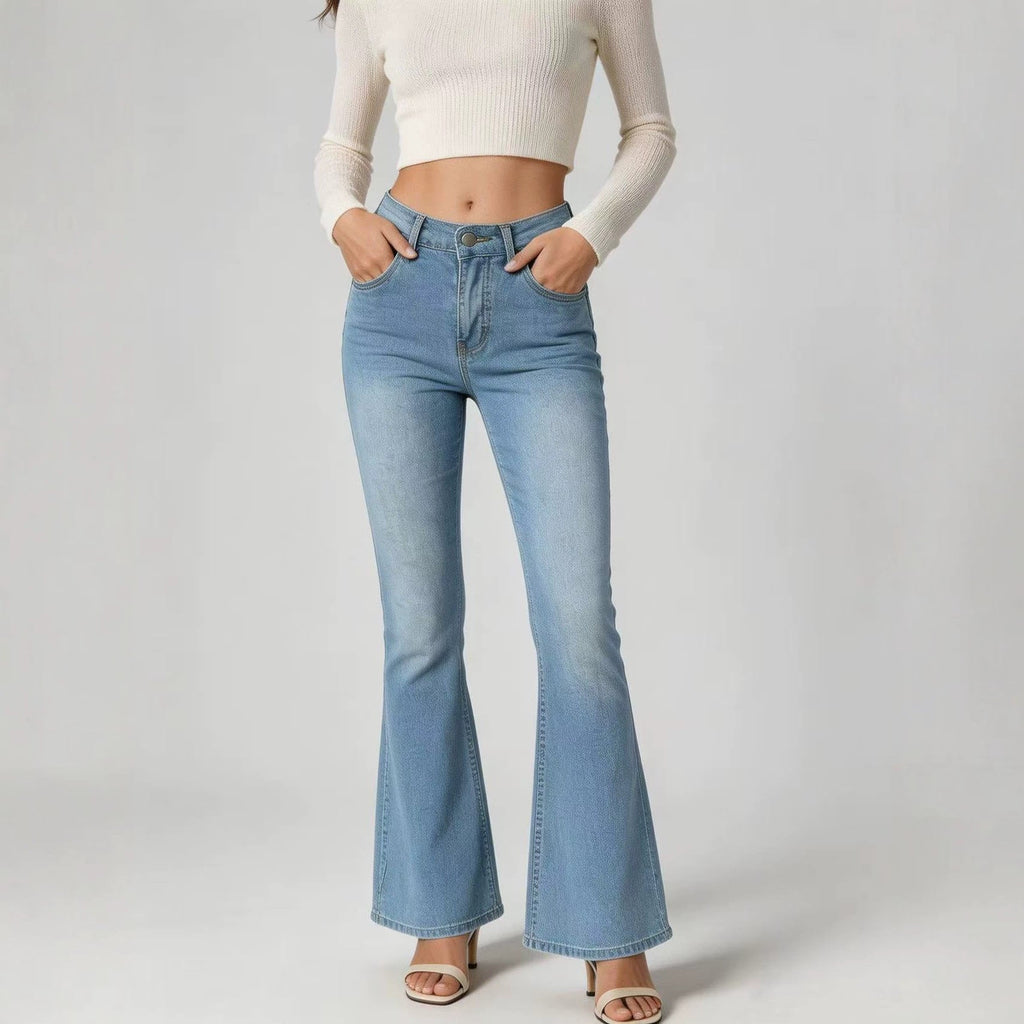 Jeans fuselés taille haute légèrement évasés pour femme – Pantalon en jean pleine longueur