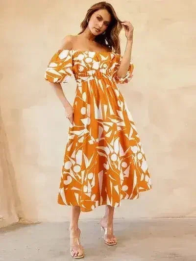 Robe imprimée à épaules dénudées et manches ballon