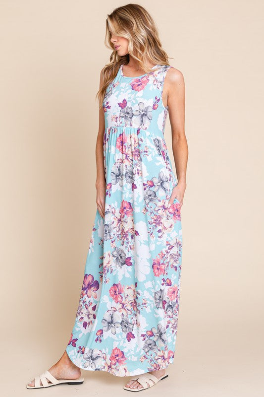 Nouvelle robe longue sans manches à col rond et imprimé floral avec poches pour femme – Robe élégante à imprimé floral, silhouette fluide et poches fonctionnelles