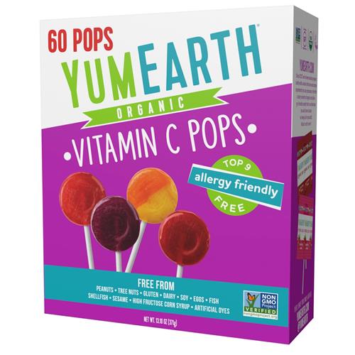 Sucettes Bio à la Vitamine C Yumearth, Saveurs Assorties, 60 Sucettes aux Fruits, Sans Allergènes, Sans Gluten, Sans OGM, Véganes, Sans Arômes ni Colorants Artificiels