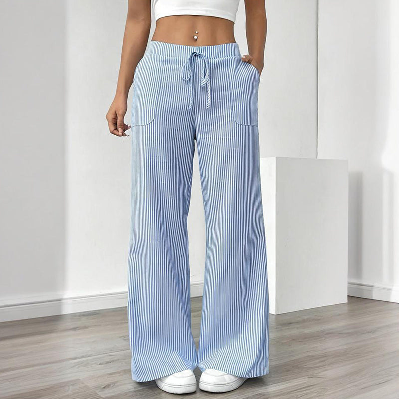 Pantalon long décontracté à rayures, coupe droite et large, avec poches pour femmes