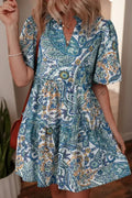Robe courte bleue bohème à imprimé cachemire floral, col en V et manches bouffantes