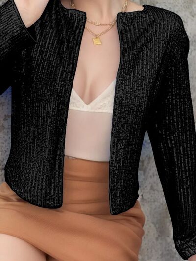 Veste courte élégante à sequins ouverte sur le devant pour femme avec des paillettes glamour, Veste de soirée de luxe pour femme