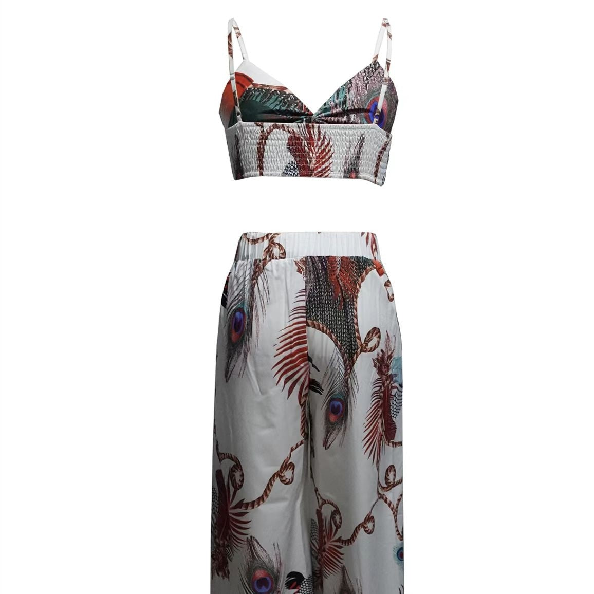 Ensemble haut court et pantalon imprimé plumes pour femme – Tenue de vacances 2 pièces