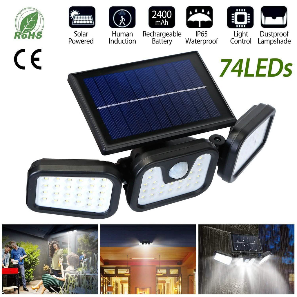 Projecteur solaire à capteur de mouvement, 74 LED, 3 têtes réglables