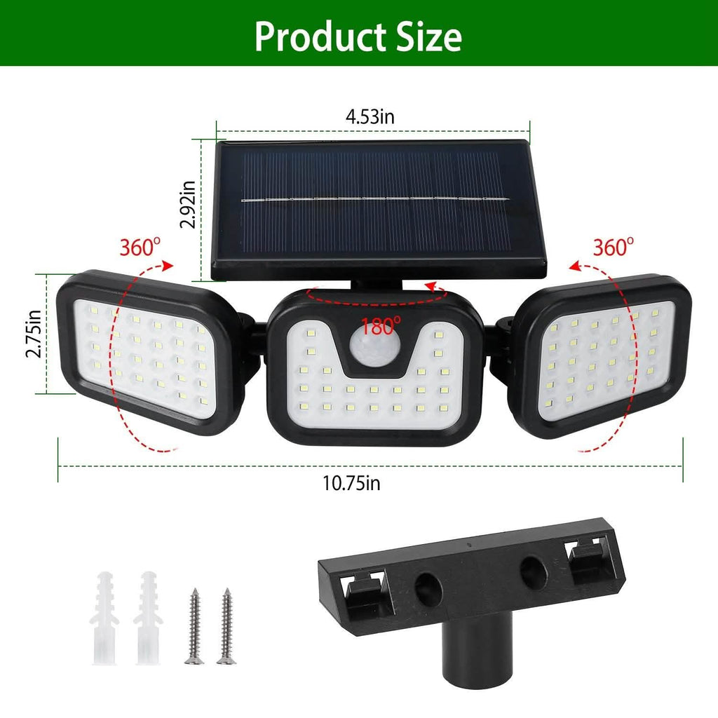 Projecteur solaire à capteur de mouvement, 74 LED, 3 têtes réglables
