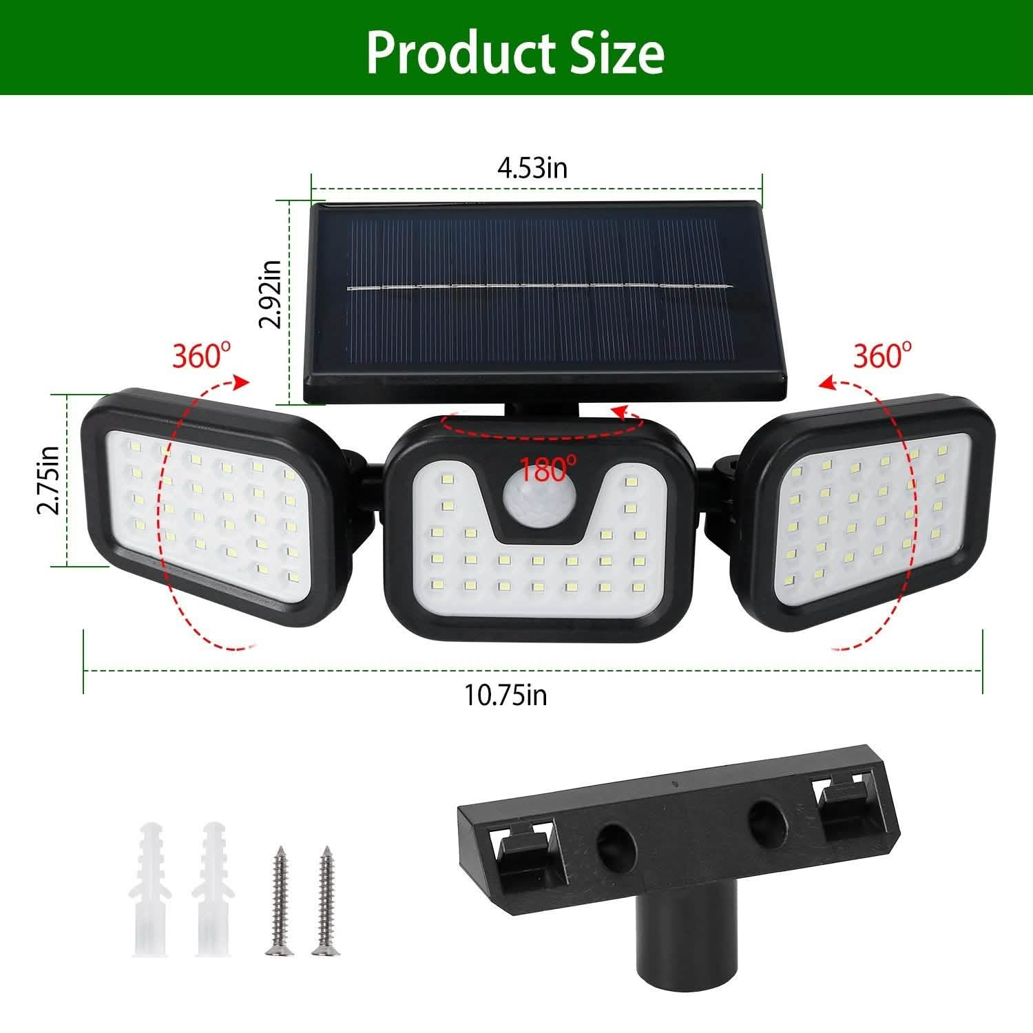 Projecteur solaire à capteur de mouvement, 74 LED, 3 têtes réglables