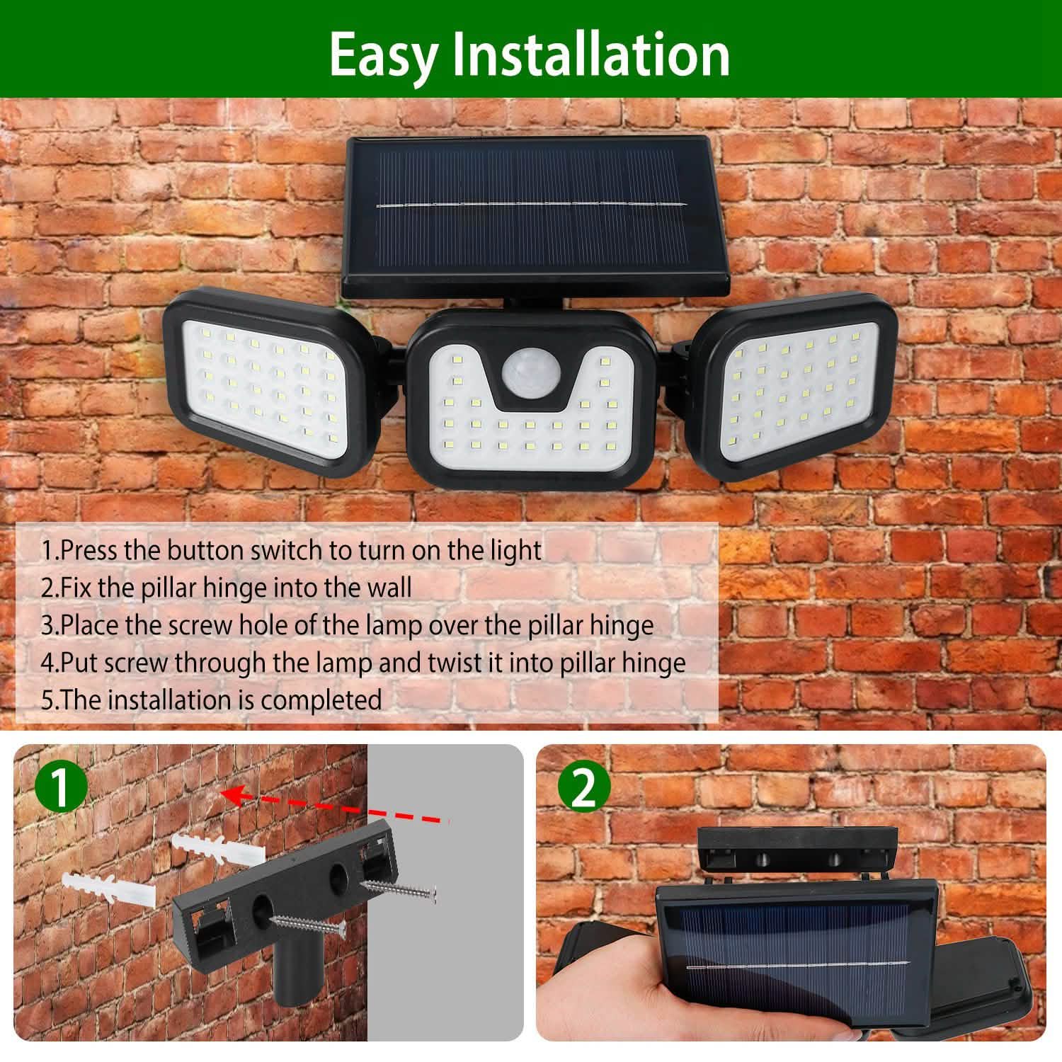 Projecteur solaire à capteur de mouvement, 74 LED, 3 têtes réglables