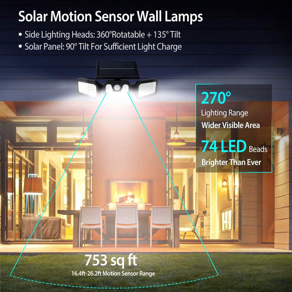 Projecteur solaire à capteur de mouvement, 74 LED, 3 têtes réglables