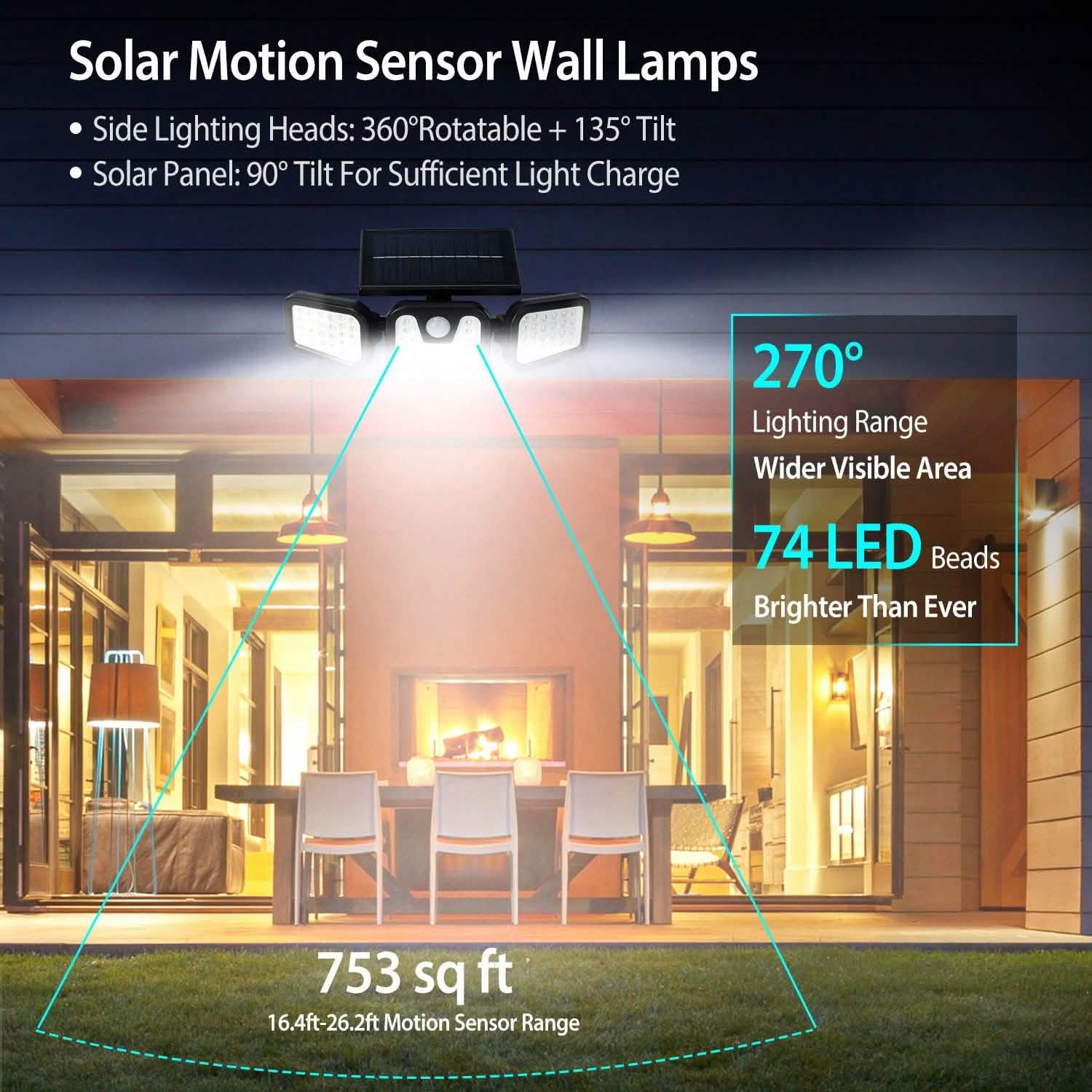 Projecteur solaire à capteur de mouvement, 74 LED, 3 têtes réglables