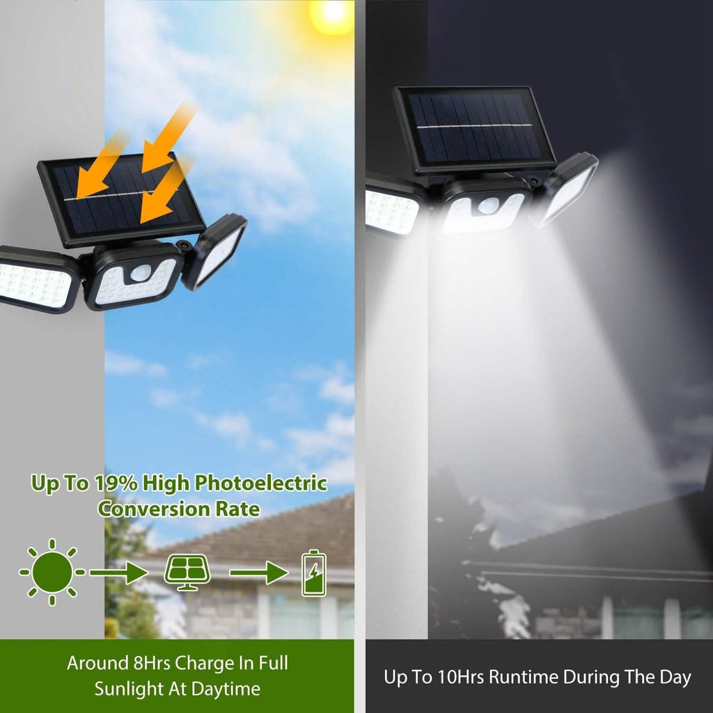 Projecteur solaire à capteur de mouvement, 74 LED, 3 têtes réglables