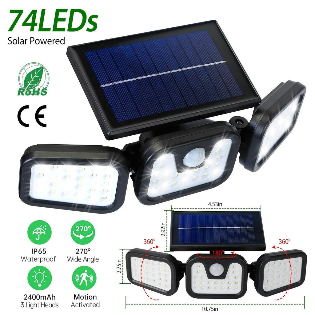 Projecteur solaire à capteur de mouvement, 74 LED, 3 têtes réglables