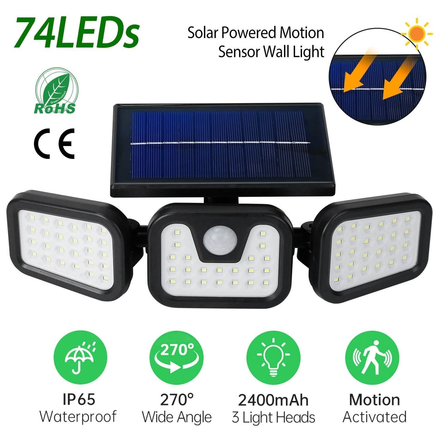 Projecteur solaire à capteur de mouvement, 74 LED, 3 têtes réglables