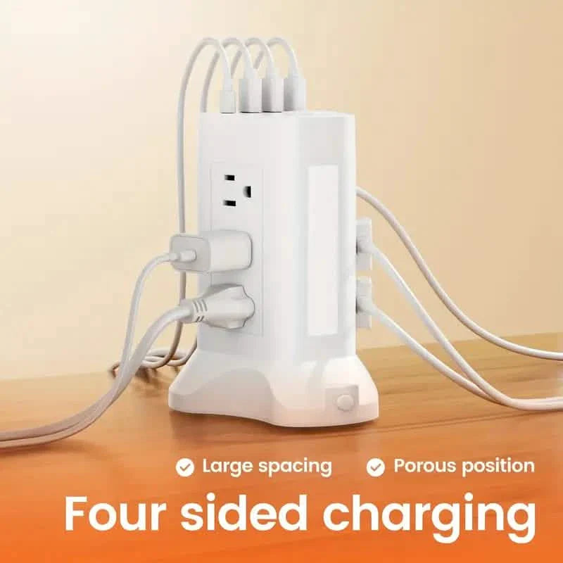 Multiprise tour 14-en-1 avec 4 ports USB et 9 prises CA, câble de 3 m, veilleuse 3 couleurs réglable
