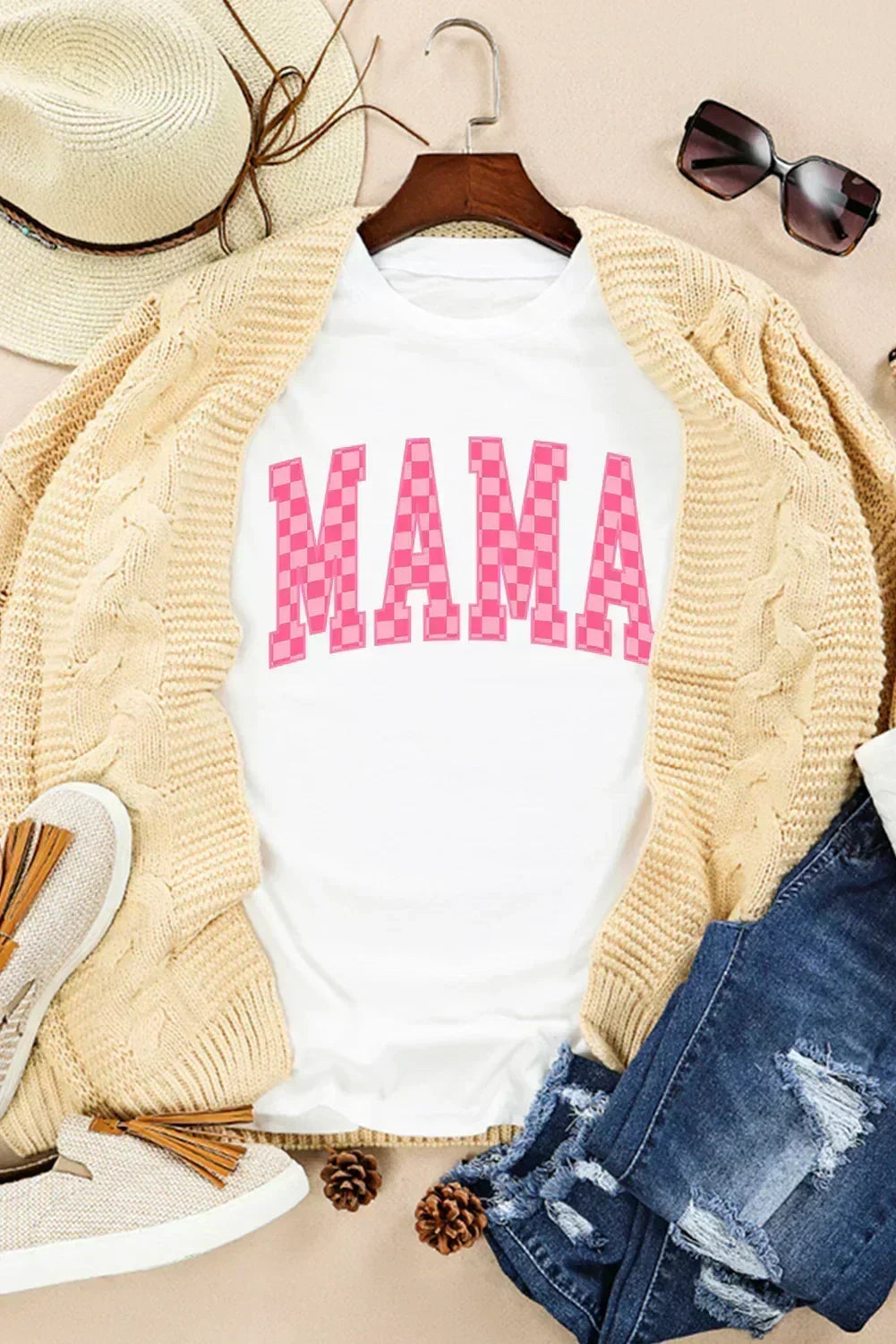 T-shirt à carreaux blancs avec lettres MAMA