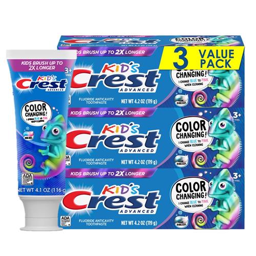 Dentifrice au fluor Crest Advanced Kids, saveur bubblegum, 120 g, lot de 3, dentifrice anti-caries à changement de couleur
