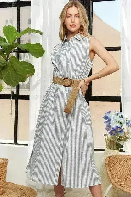 Robe boutonnée ADORA à rayures – Coton midi sans manches