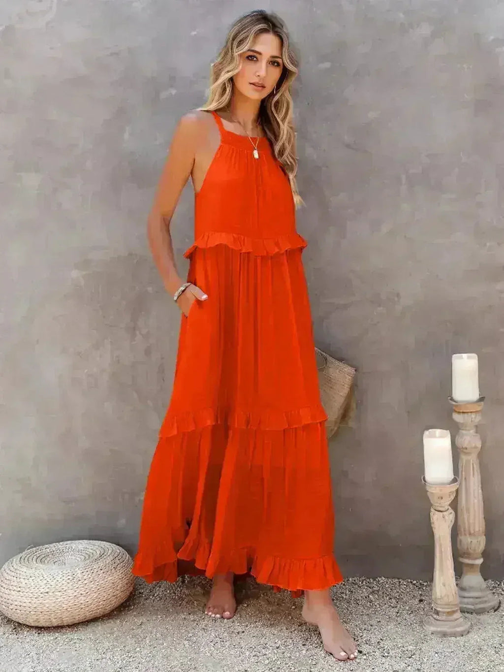 Robe longue étagée sans manches à volants avec poches
