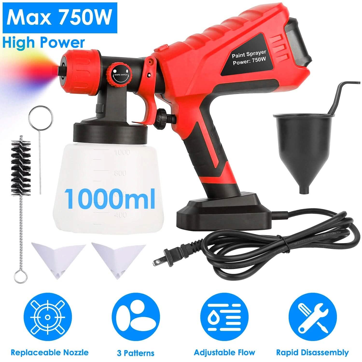 Pistolet à peinture électrique 750 W portatif avec 3 modèles de pulvérisation
