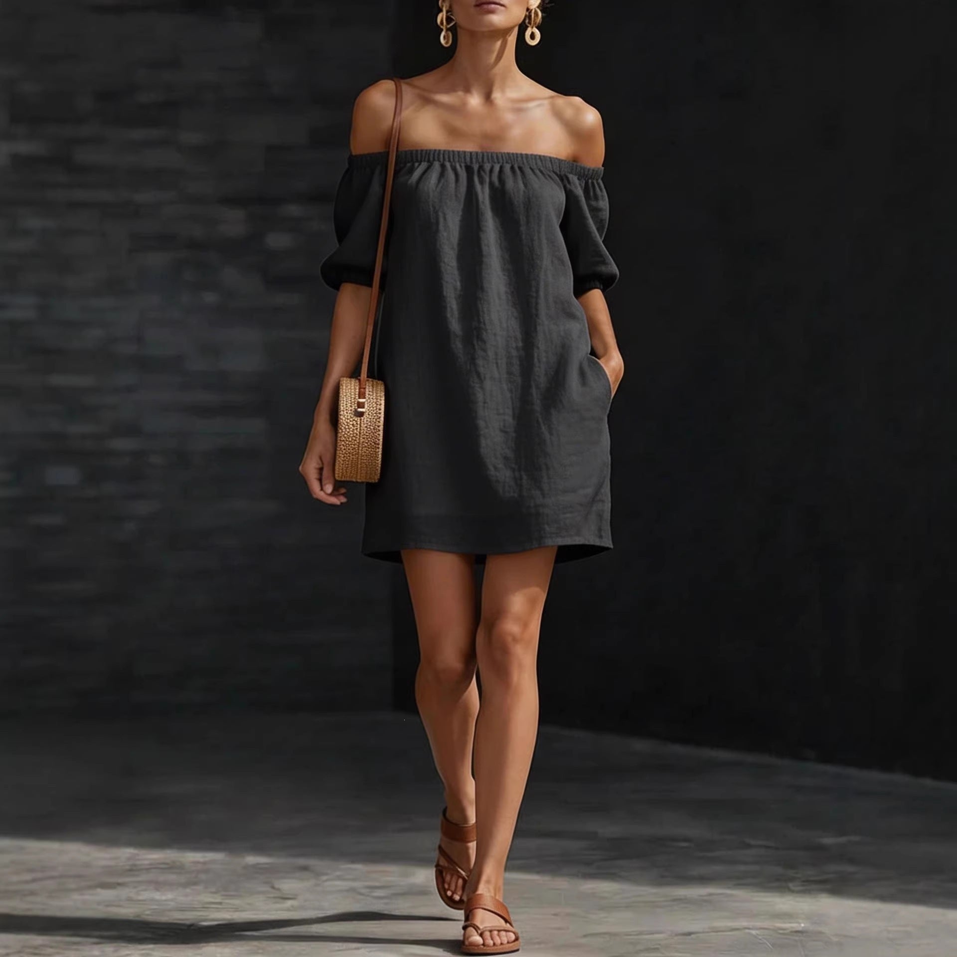 Robe trapèze courte femme en coton et lin à épaules dénudées et manches bouffantes