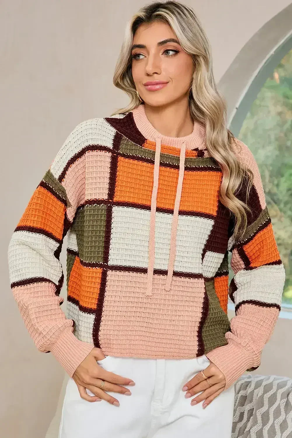 Pull à col montant orange color block en tricot gaufré avec cordon de serrage