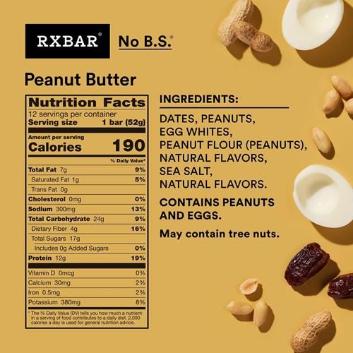 Barres protéinées Rxbar, 12g de protéines, snacks sans gluten, barres snack, beurre de cacahuète, boîte de 623g (12 barres)