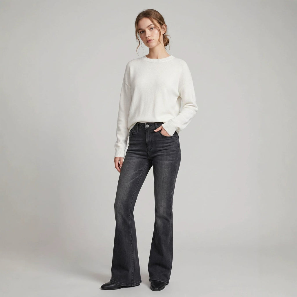 Jeans fuselés taille haute légèrement évasés pour femme – Pantalon en jean pleine longueur