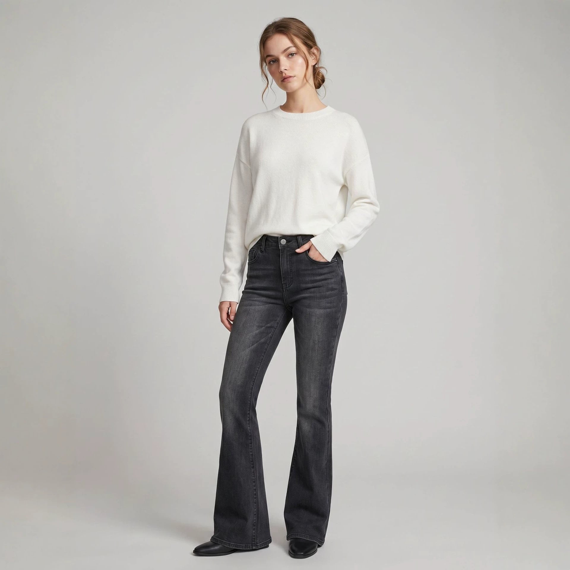 Jeans fuselés taille haute légèrement évasés pour femme – Pantalon en jean pleine longueur